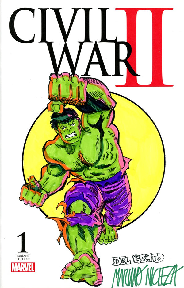 DF MARVEL COMICS COMMISSIONED COVER ART SIGNED AND REMARKED BY MARIANO NICIEZA AND JOE DELBEATO WITH A HULK SKETCH ALLOCATIONS MAY OCCUR
