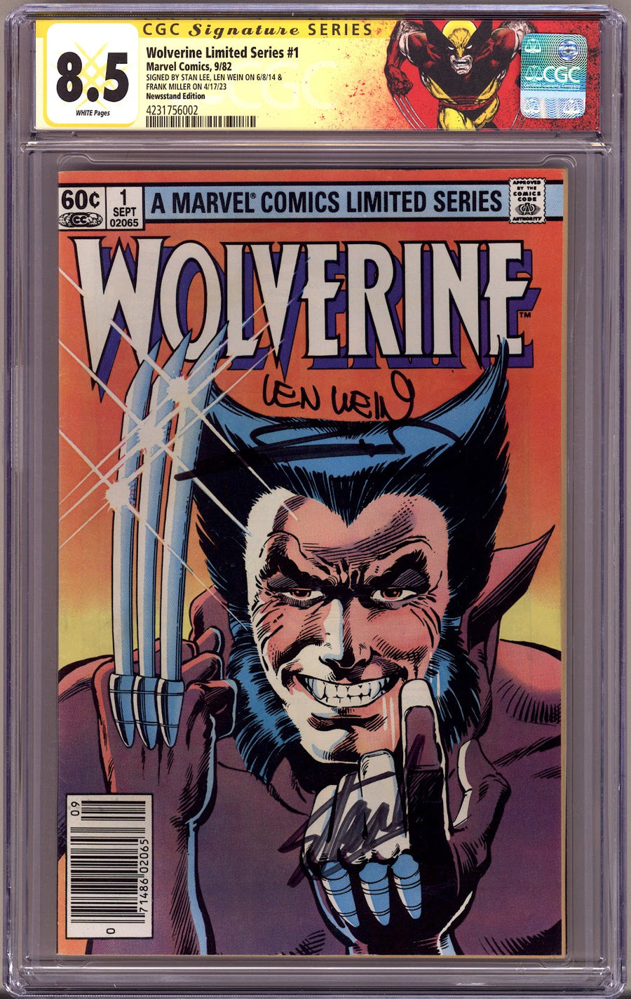 Wolverine Vol 1 1 CGC 8.5 (VF+)   (1982)   Newsstand  Signed x3 Cover Stan Lee, Miller & Wein 