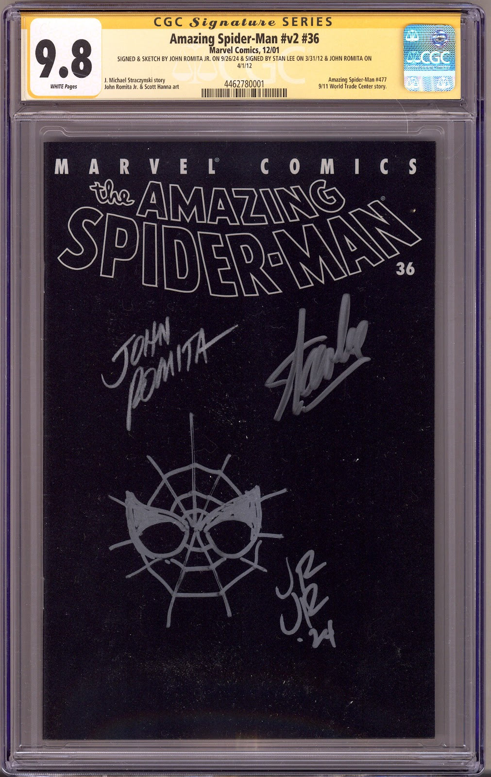 The Amazing Spider-Man Vol 2 36 CGC 9.8 (NM/M) (2001) Signed x3 Cover Stan Lee, John Romita Sr. & Jr. 