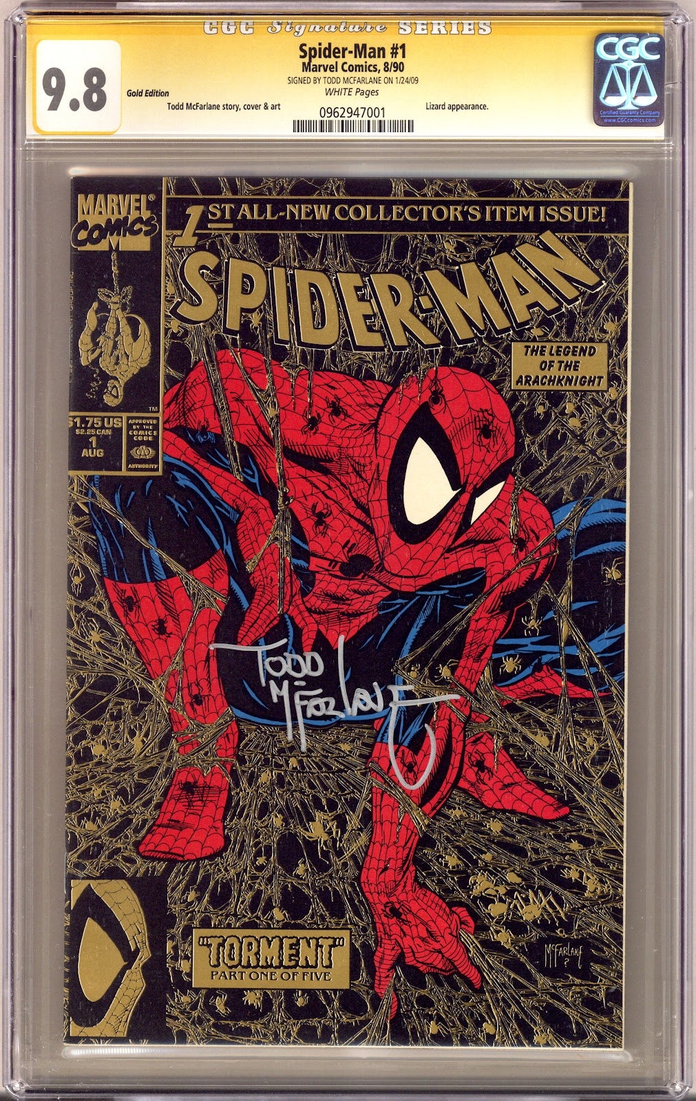 Spider-Man Vol 1 1 CGC 9.8 (NM/M)   (1990)   Gold 2nd Print  Signed x1 Cover Todd McFarlane 