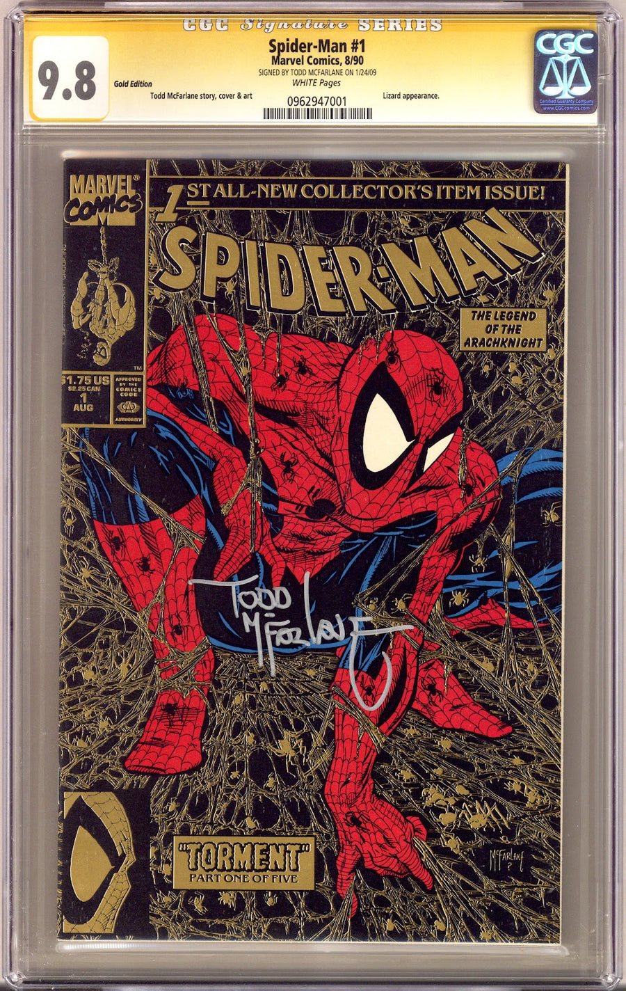 Spider-Man Vol 1 1 CGC 9.8 (NM/M)   (1990)   Gold 2nd Print  Signed x1 Cover Todd McFarlane 
