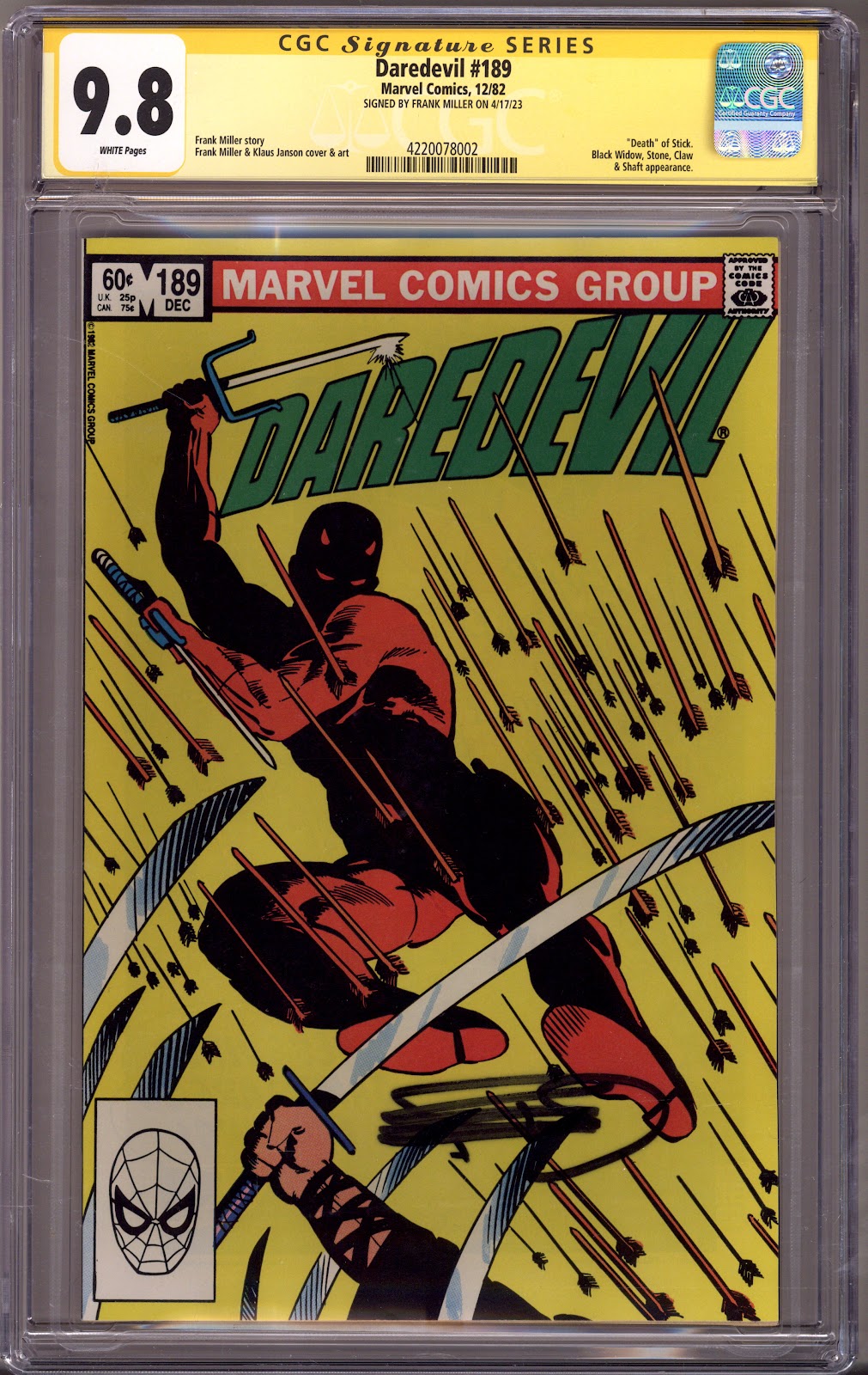Daredevil Vol 1 189 CGC 9.8 (NM/M) (1982) Signed x1 Cover Frank Miller 
