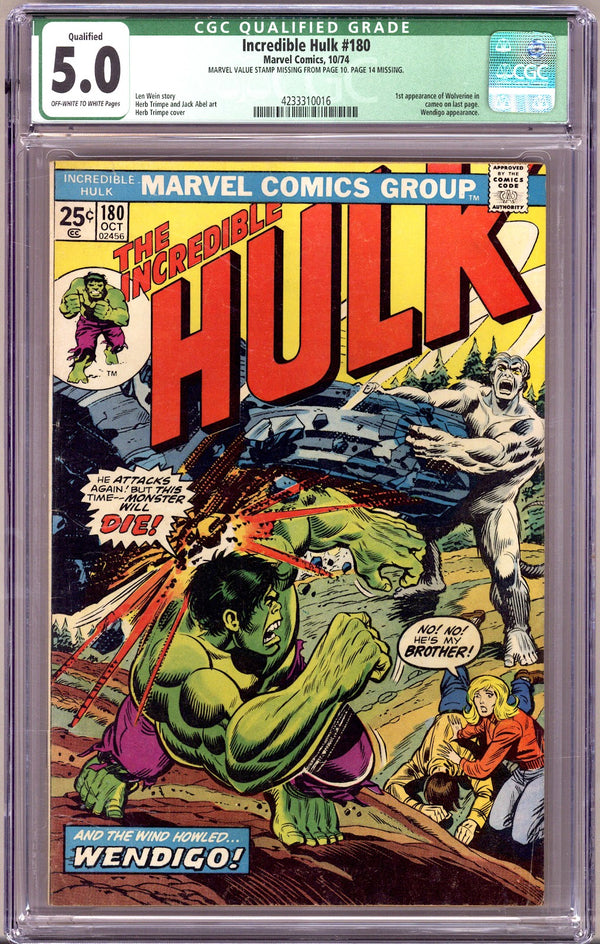 The Incredible Hulk Vol 1 180 CGC 5.0 (VG/FN) Qualified, No MVS, Page 14 Missing  (1974)