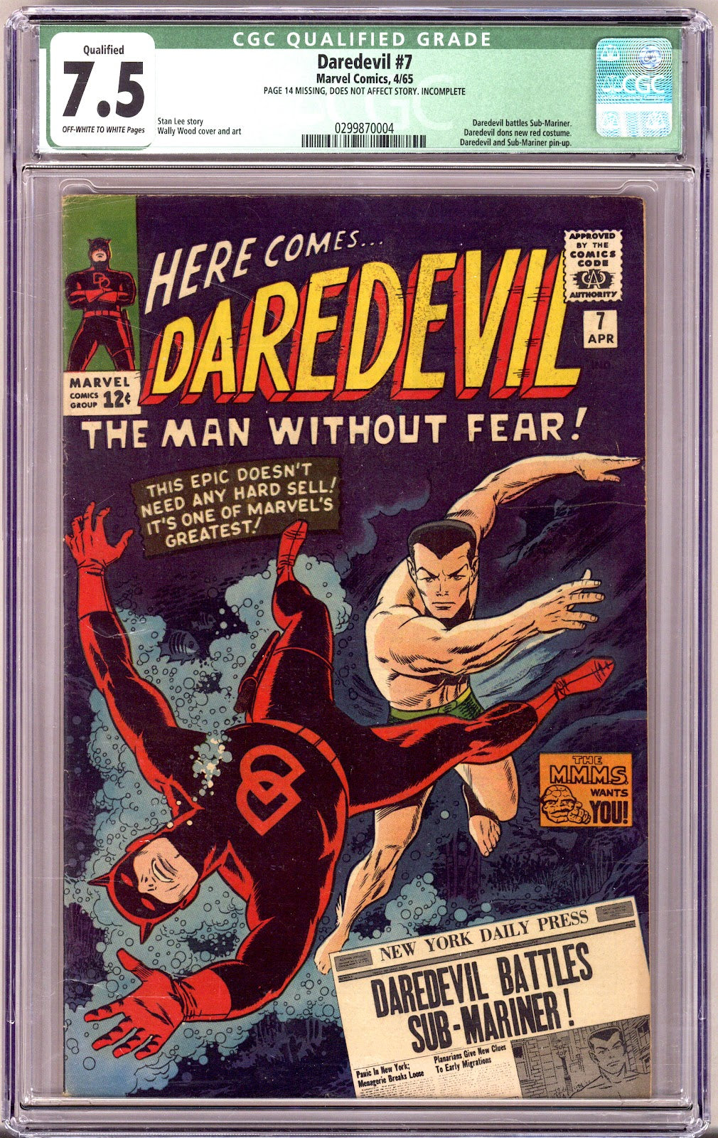 Daredevil Vol 1 7 CGC 7.5 (VF-) Qualified, Non-Story Page Missing (1965) 