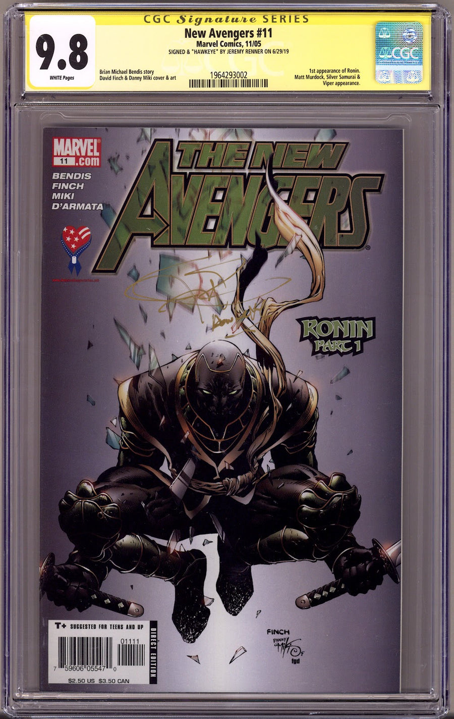 New Avengers Vol 1 11 CGC 9.8 (NM/M) (2005) Signed x1 Cover Jeremy Renner 
