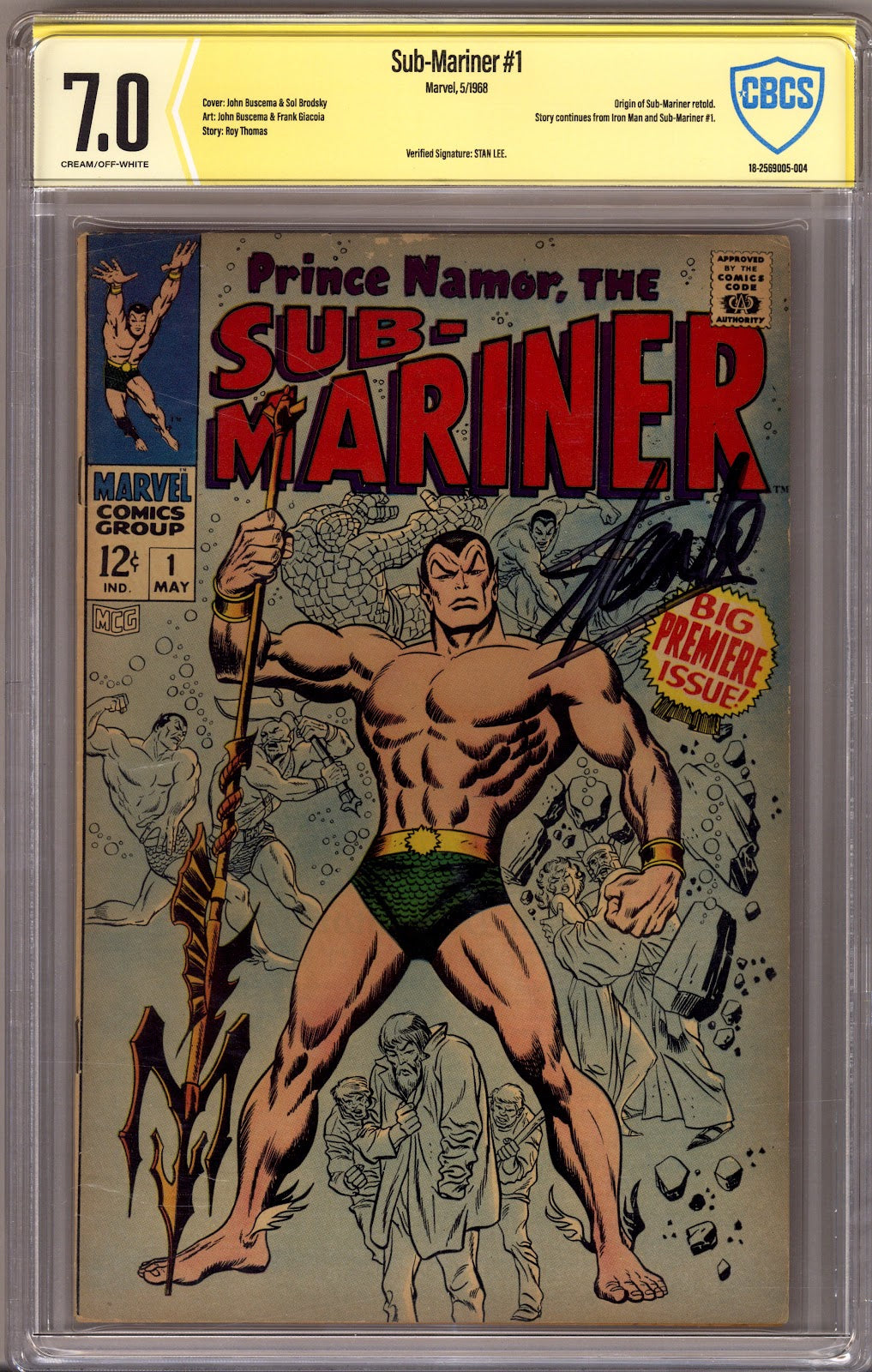 Sub-Mariner Vol 1 1 CBCS 7.0 (FN/VF)   (1968)     Signed x1 Cover Stan Lee 