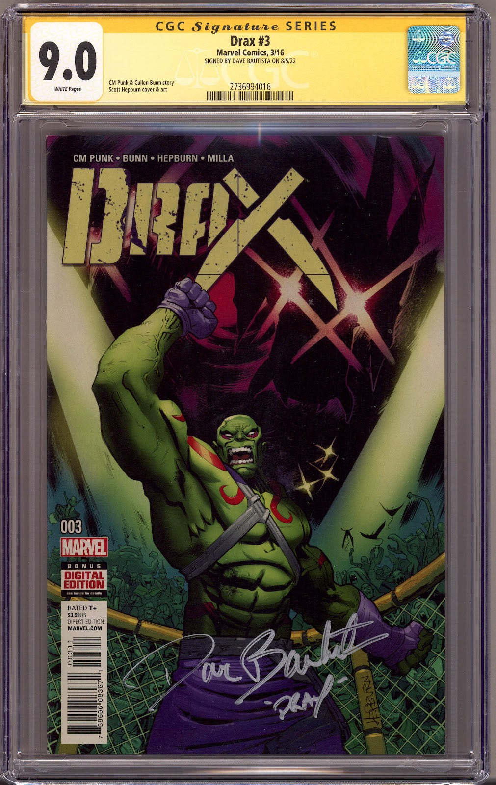 Drax Vol 1 3 CGC 9.0 (VF/NM) (2016) Signed x1 Cover Dave Bautista 