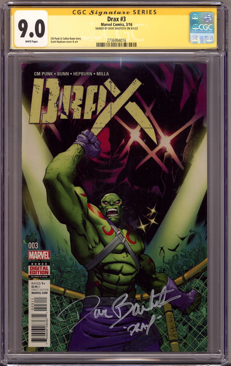 Drax Vol 1 3 CGC 9.0 (VF/NM) (2016) Signed x1 Cover Dave Bautista 