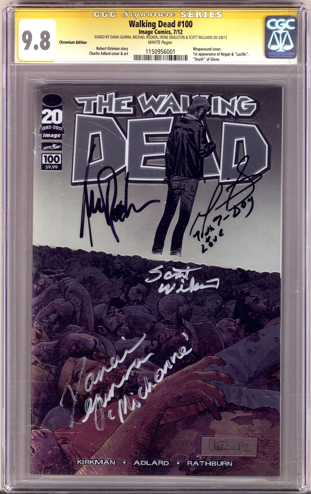 The Walking Dead 100 CGC 9.8 (NM/M) (2012) Chromium Variant Signed x4 Cover Gurira, Rooker, Singleton & Williams 