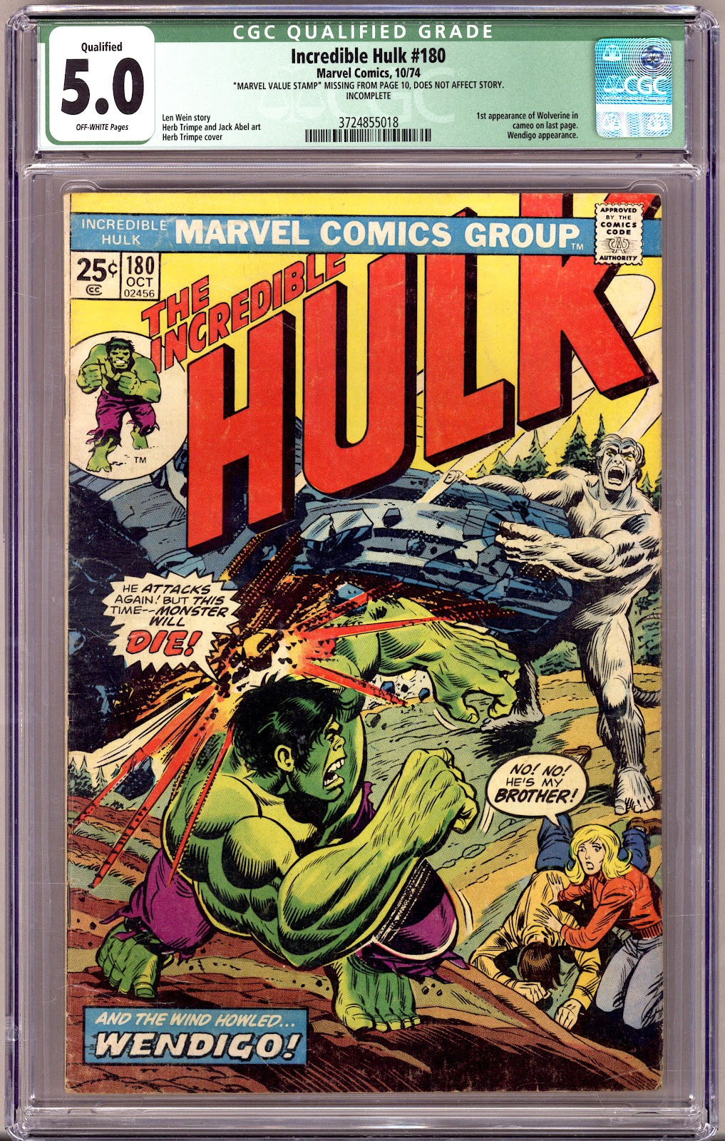 The Incredible Hulk Vol 1 180 CGC 5.0 (VG/FN) Qualified, No MVS  (1974)     