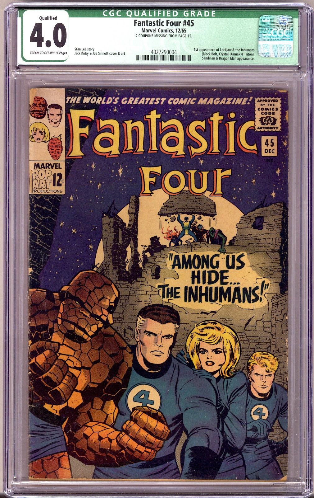 Fantastic Four Vol 1 45 CGC 4.0 (VG) Qualified, Coupons Missing (1965) 