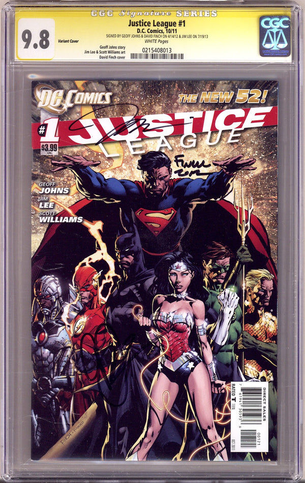 Justice League Vol 1 1 CGC 9.8 (NM/M) (2011) Finch Incentive Variant Signed x3 Cover Johns, Finch & Lee