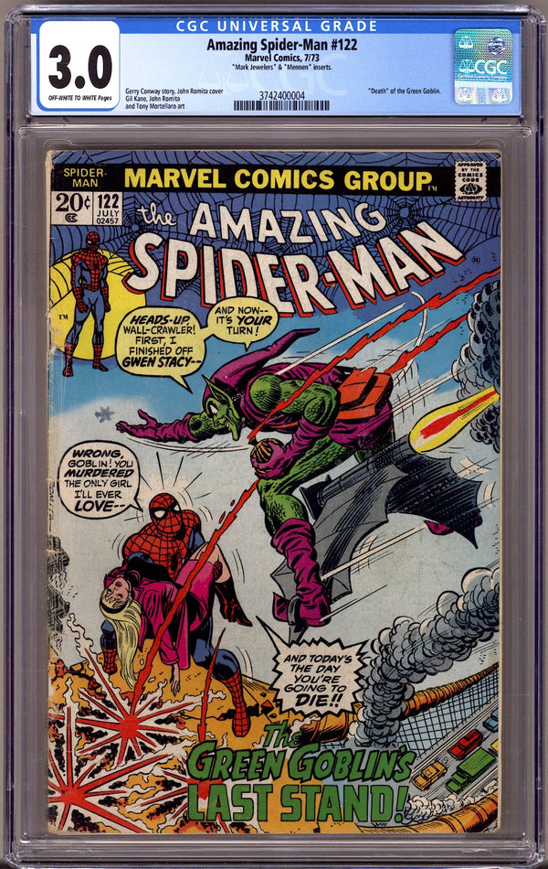 The Amazing Spider-Man Vol 1 122 CGC 3.0 (GD/VG) Mark Jewellers & Mennen Inserts (1973)