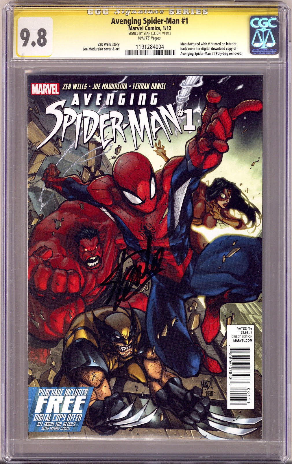 Avenging Spider-Man 1 CGC 9.8 (NM/M) (2012) Signed x1 Cover Stan Lee 