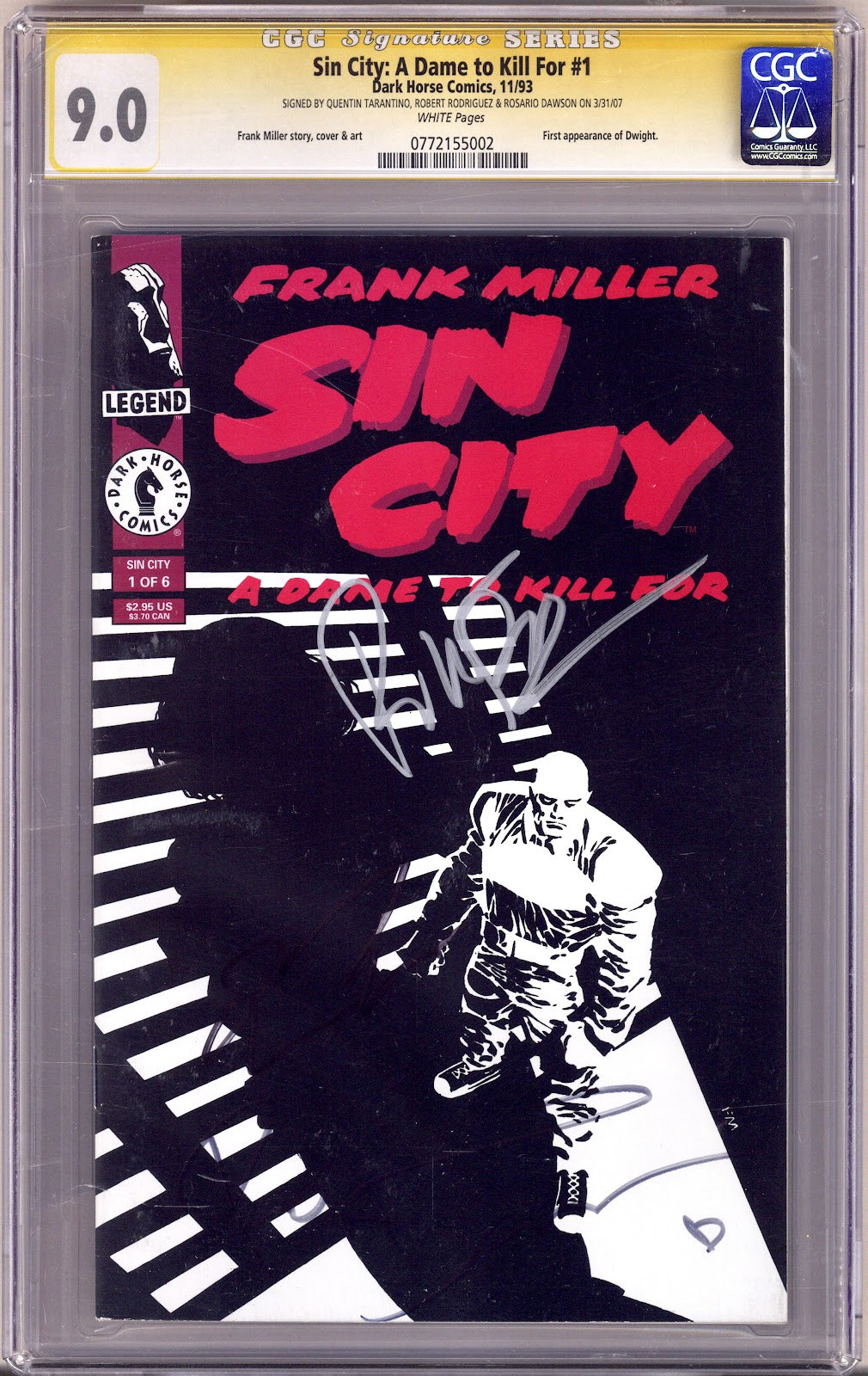 Sin City: A Dame to Kill For 1 CGC 9.0 (VF/NM) (1993) Signed x3 Cover Tarantino, Rodriguez & Dawson 