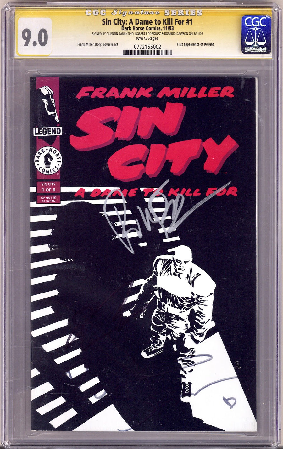 Sin City: A Dame to Kill For 1 CGC 9.0 (VF/NM) (1993) Signed x3 Cover Tarantino, Rodriguez & Dawson 