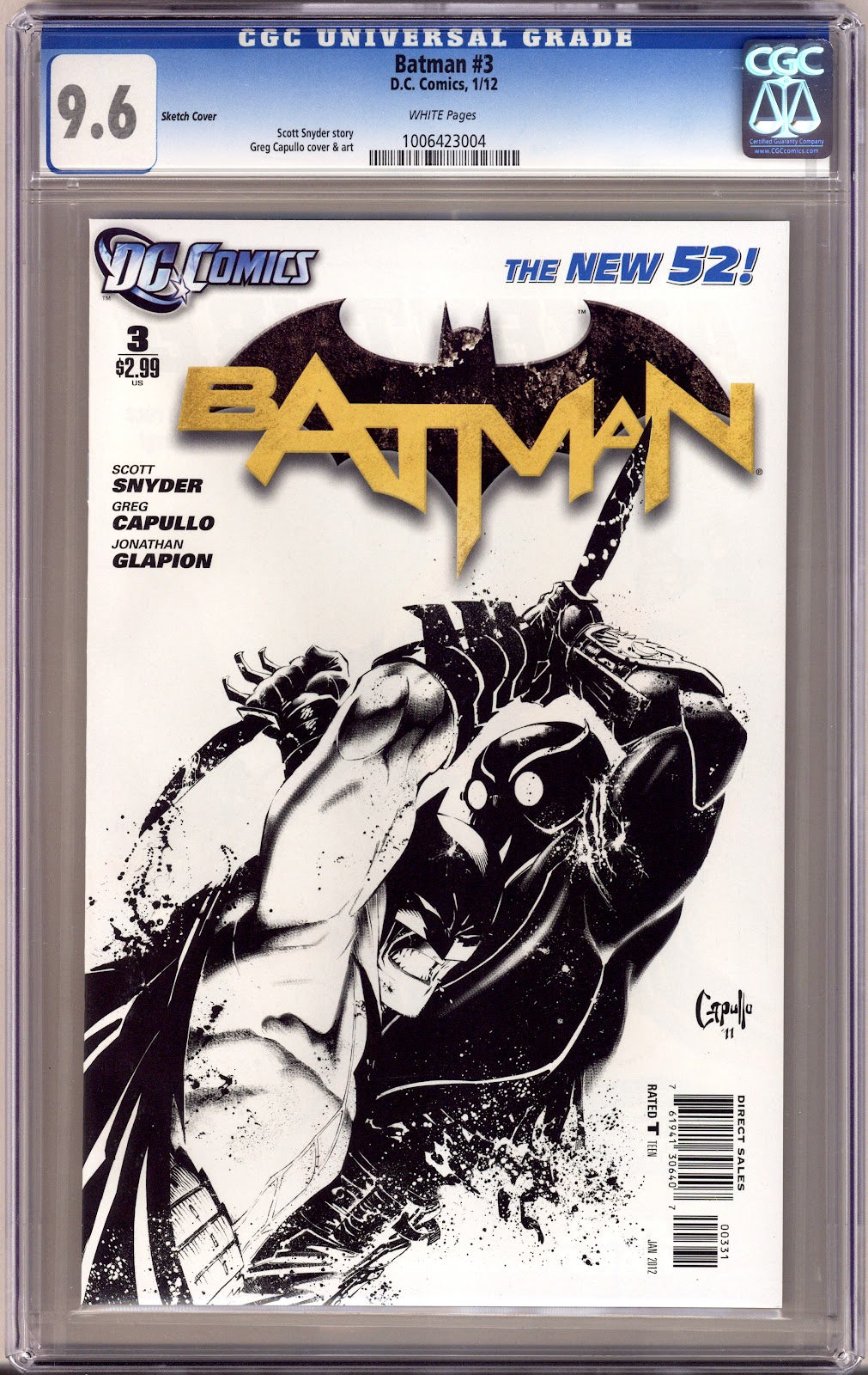 Batman Vol 2 3 CGC 9.6 (NM+) (2012) Capullo Sketch Incentive Variant 