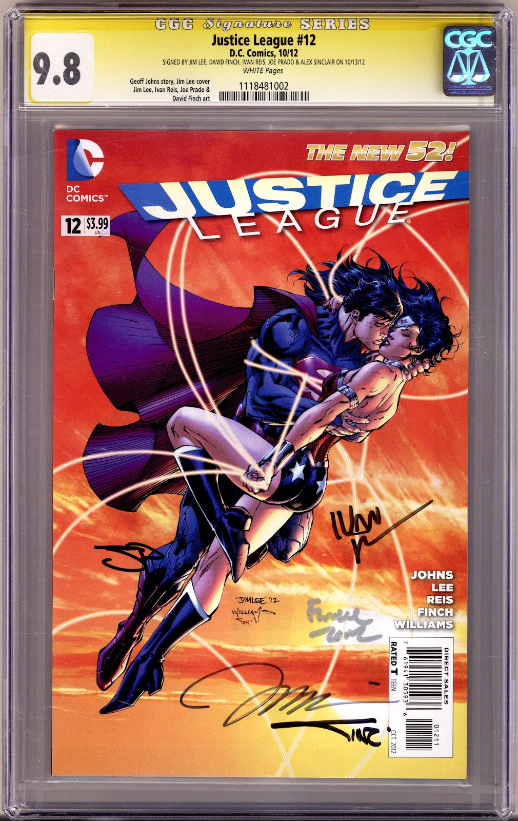 Justice League Vol 1 12 CGC 9.8 (NM/M) (2012) Signed x5 Cover Lee, Finch, Reis, Prado & Sinclair 