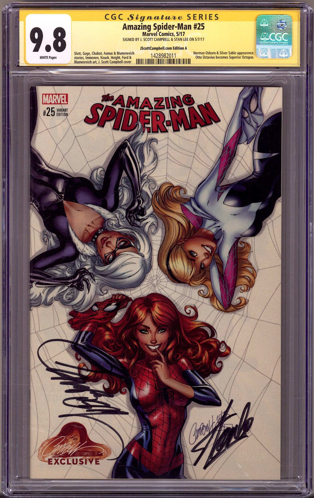 Amazing Spider-Man Vol 4 25 CGC 9.8 (NM/M) (2017) Campbell Exclusive Variant Signed x2 Cover Stan Lee & J. Scott Campbell 