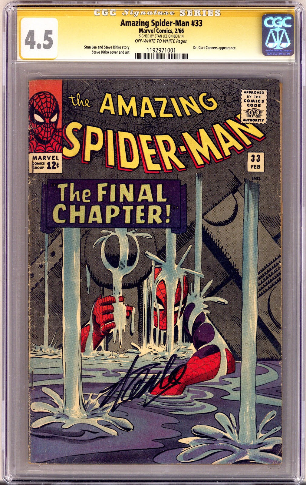The Amazing Spider-Man Vol 1 33 CGC 4.5 (VG+)   (1966)     Signed x1 Cover Stan Lee