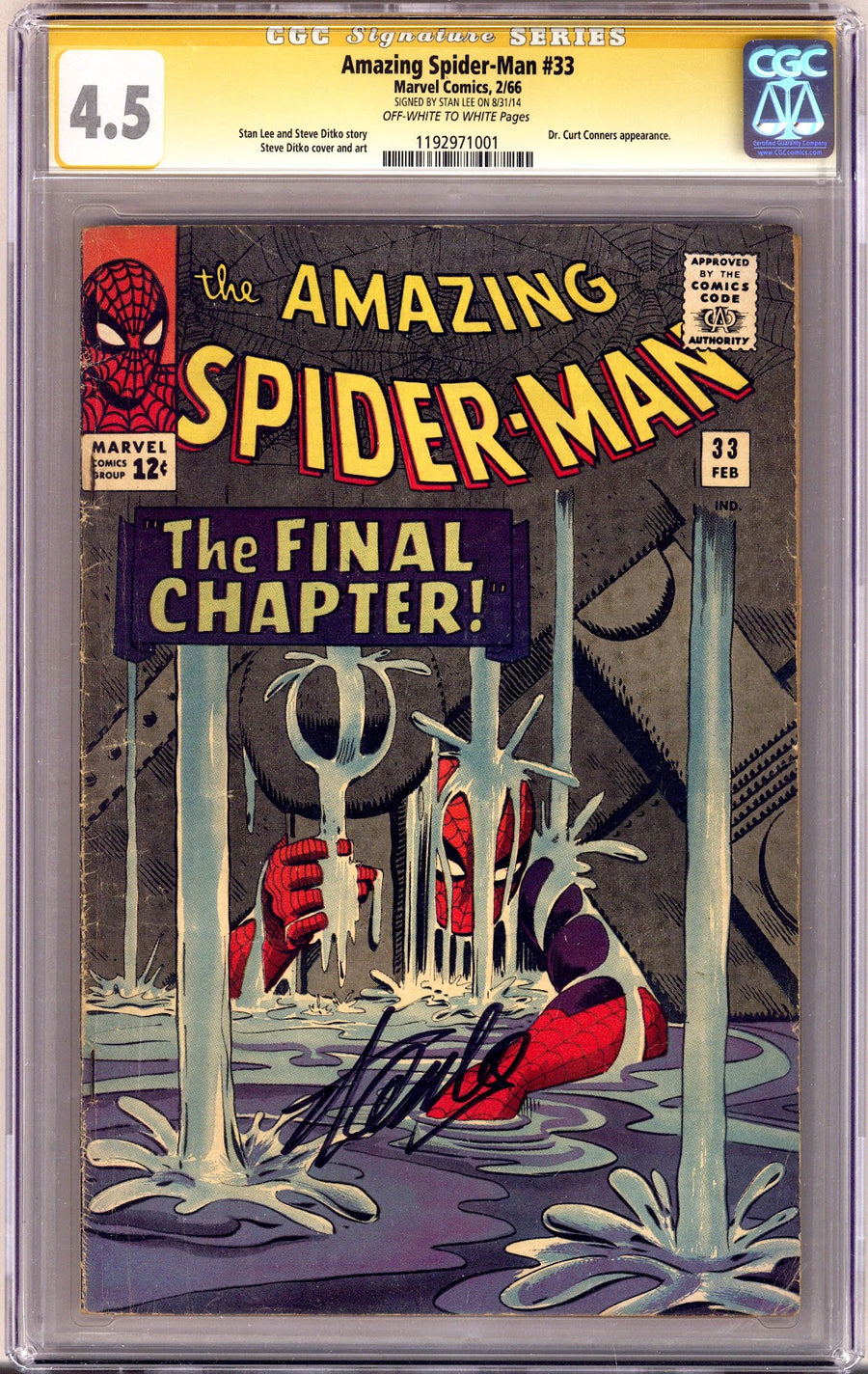 The Amazing Spider-Man Vol 1 33 CGC 4.5 (VG+)   (1966)     Signed x1 Cover Stan Lee