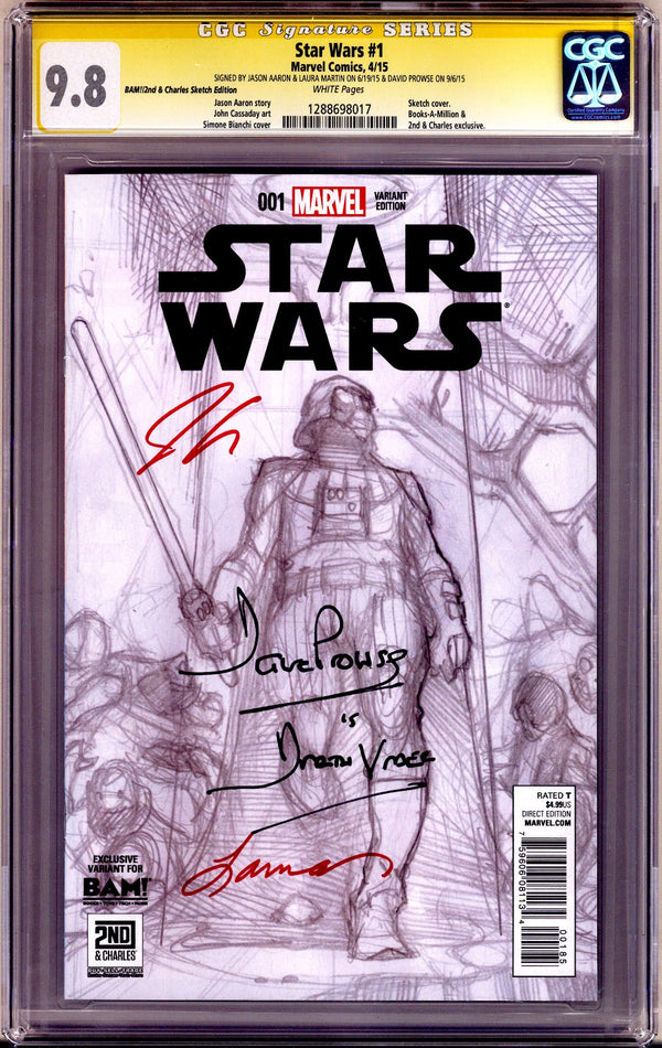 Star Wars Vol 2 1 CGC 9.8 (NM/M)   (2015) Bianchi Sketch  Exclusive Variant  Signed x3 Cover Jason Aaron, Laura Martin & David Prowse