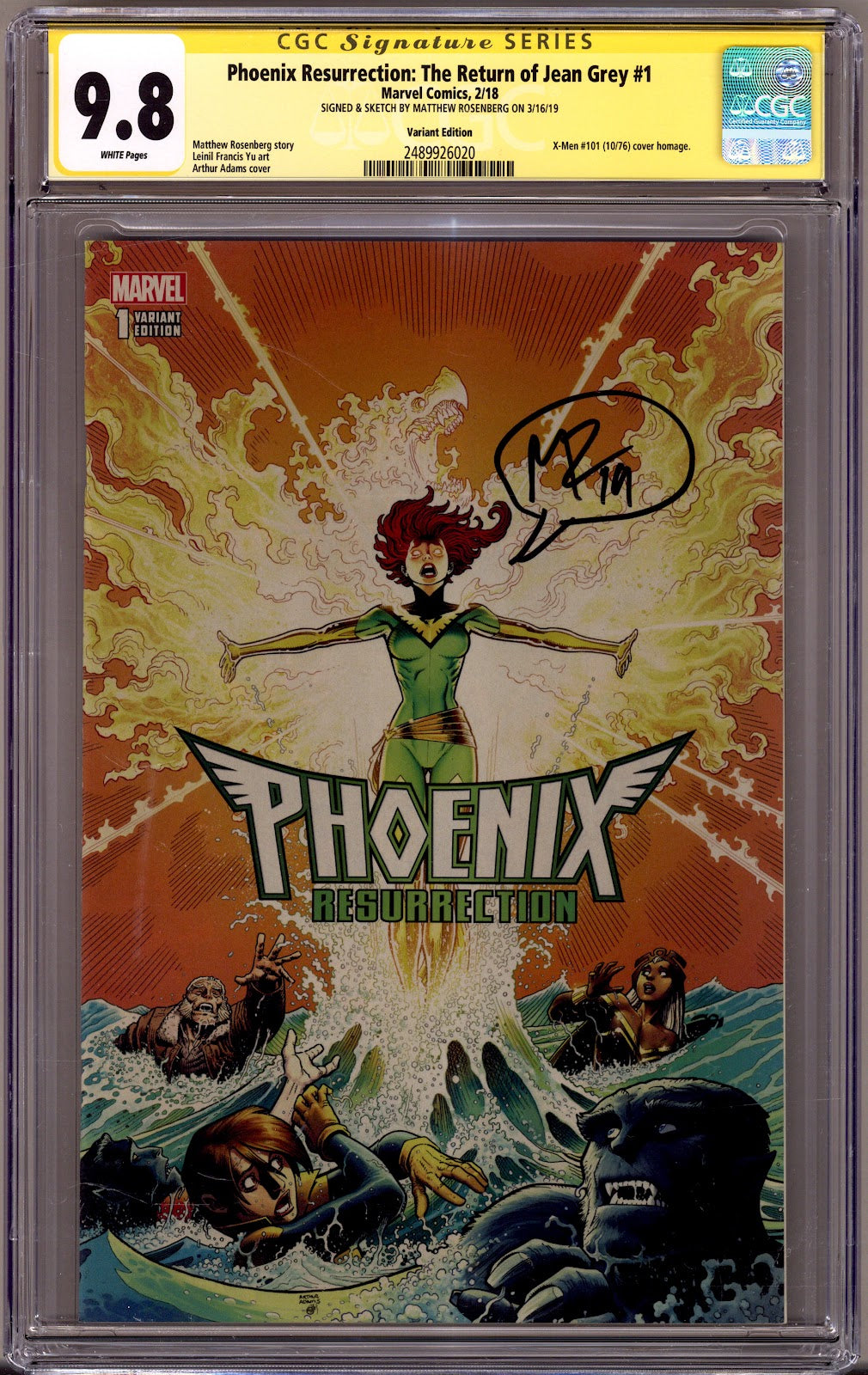 Phoenix Resurrection: The Return of Jean Grey 1 CGC 9.8 (NM/M) (2018) Adams Incentive Variant Signed / Remarked x1 Cover Matthew Rosenberg 