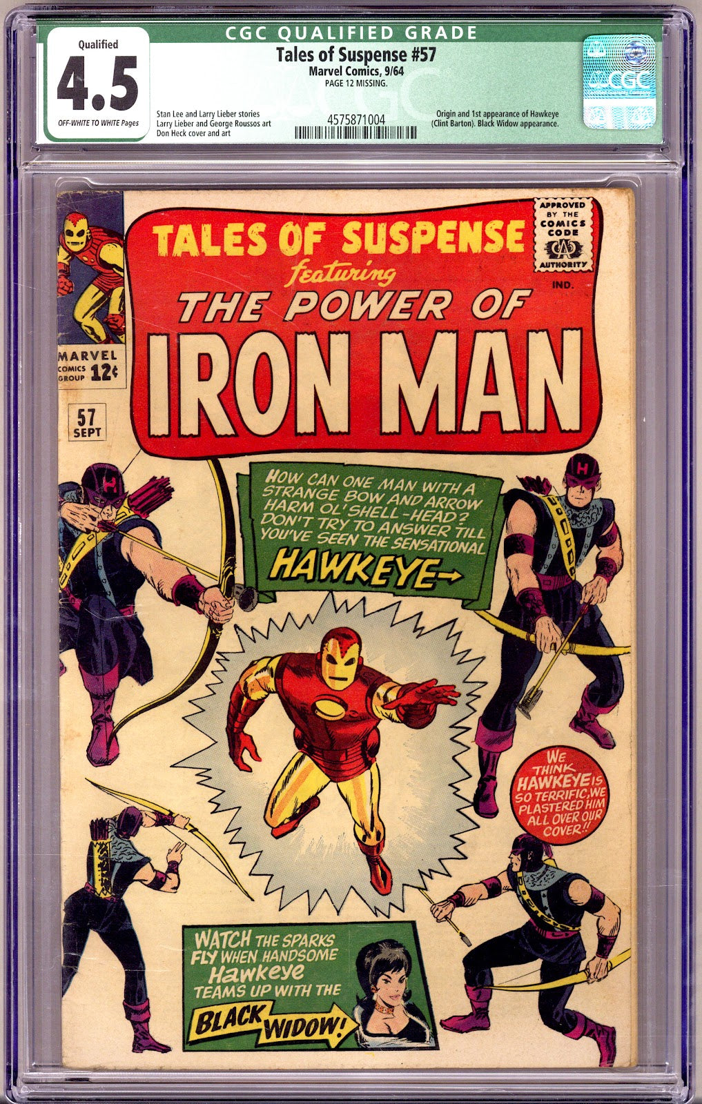Tales of Suspense Vol 1 57 CGC 4.5 (VG+) Qualified, Pg 12 Missing  (1964)     