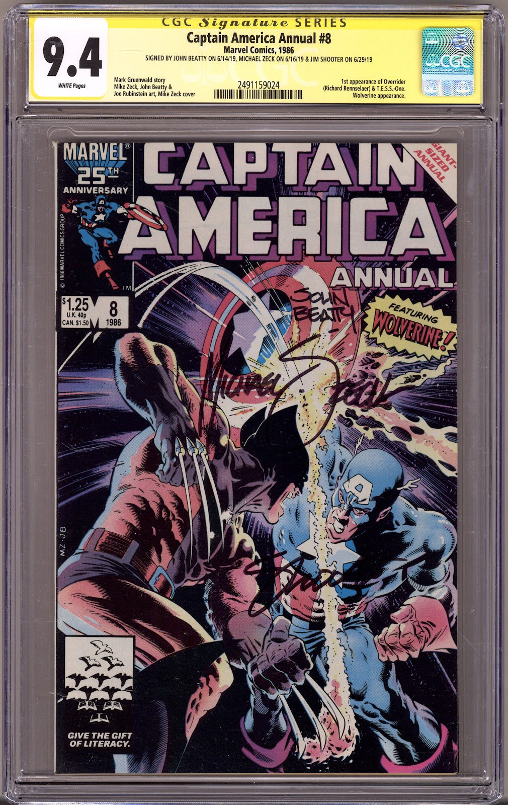 Captain America Annual Vol 1 8 CGC 9.4 (NM) (1986) Signed x3 Cover Beatty, Zeck & Shooter 