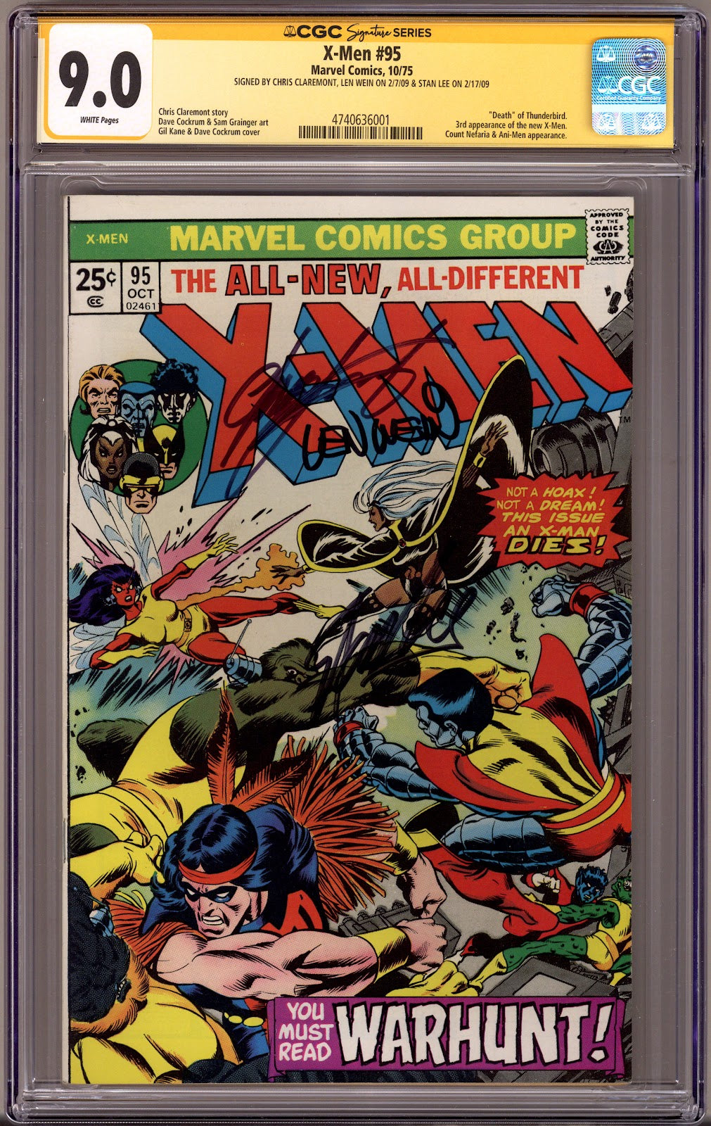 The X-Men Vol 1 95 CGC 9.0 (VF/NM) (1975) Signed x3 Cover Stan Lee, Claremont & Wein 