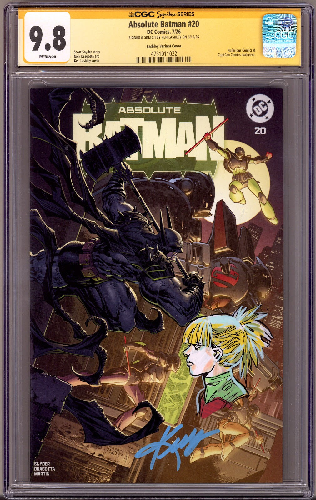 Absolute Batman 20 CGC 9.8 (NM/M) Assorted Remarks (2026) Lashley Exclusive Variant Signed / Remarked x1 Cover Ken Lashley 