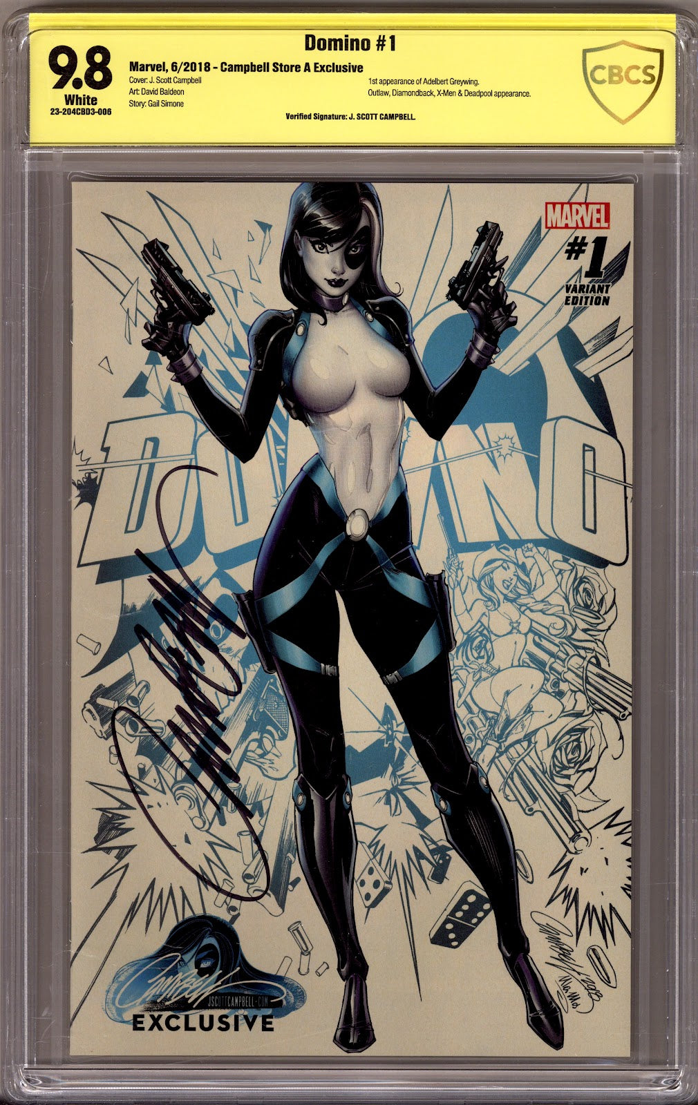 Domino Vol 3 1 CBCS 9.8 (NM/M) (2018) Campbell Exclusive Variant Signed x1 Cover J. Scott Campbell 