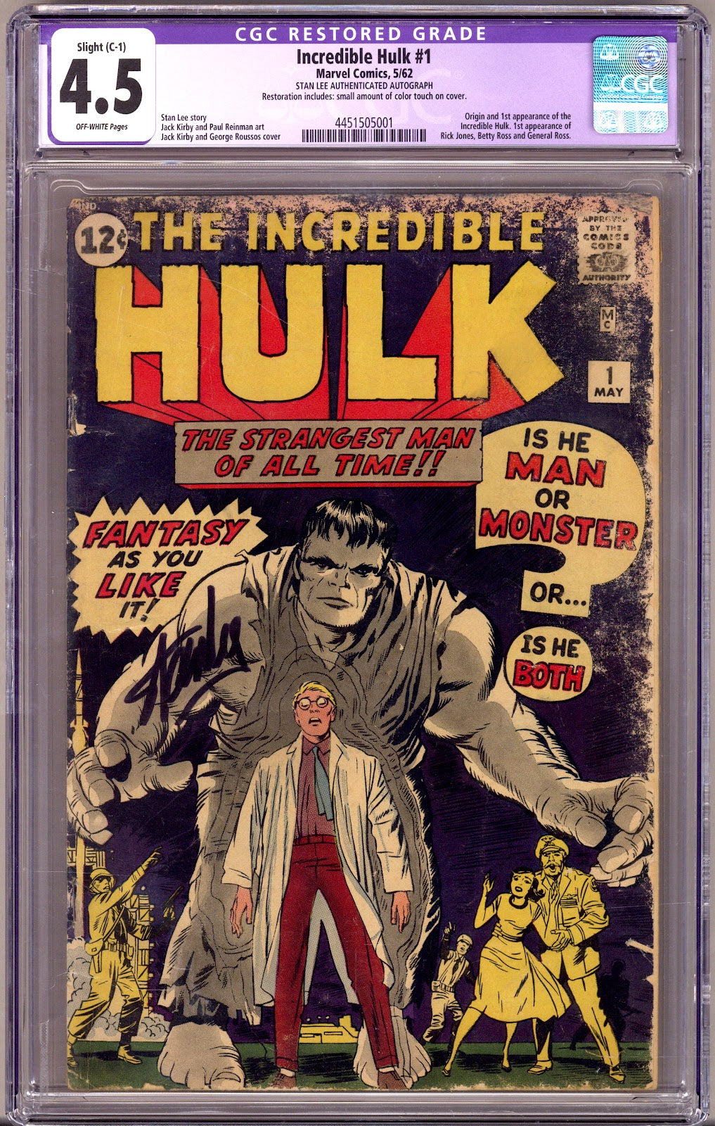 The Incredible Hulk Vol 1 1 CGC 4.5 (VG+) Restored  (1962)     Signed x1 Cover Stan Lee 
