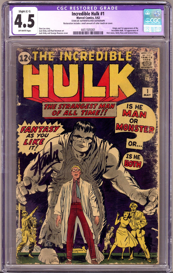 The Incredible Hulk Vol 1 1 CGC 4.5 (VG+) Restored  (1962)     Signed x1 Cover Stan Lee