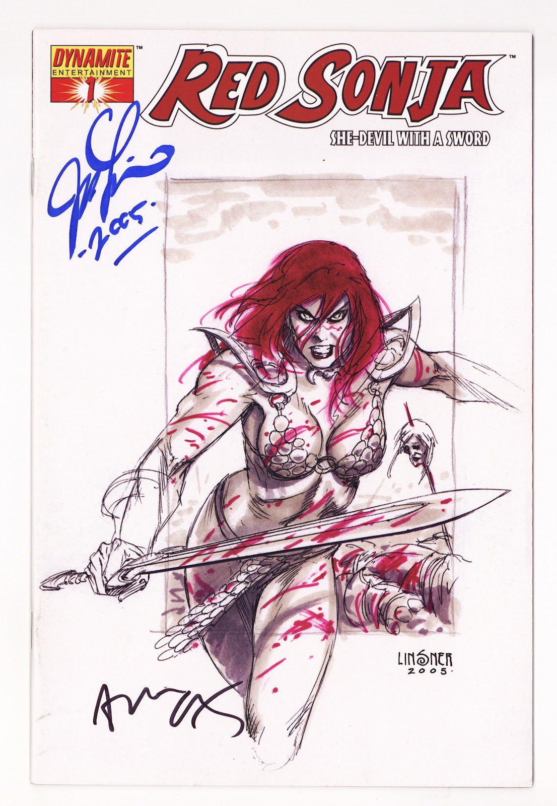 Red Sonja Vol 1 1 VF (8.0) (2005) Linsner Sketch Incentive Variant Signed x2 Cover Linsner & Oeming 