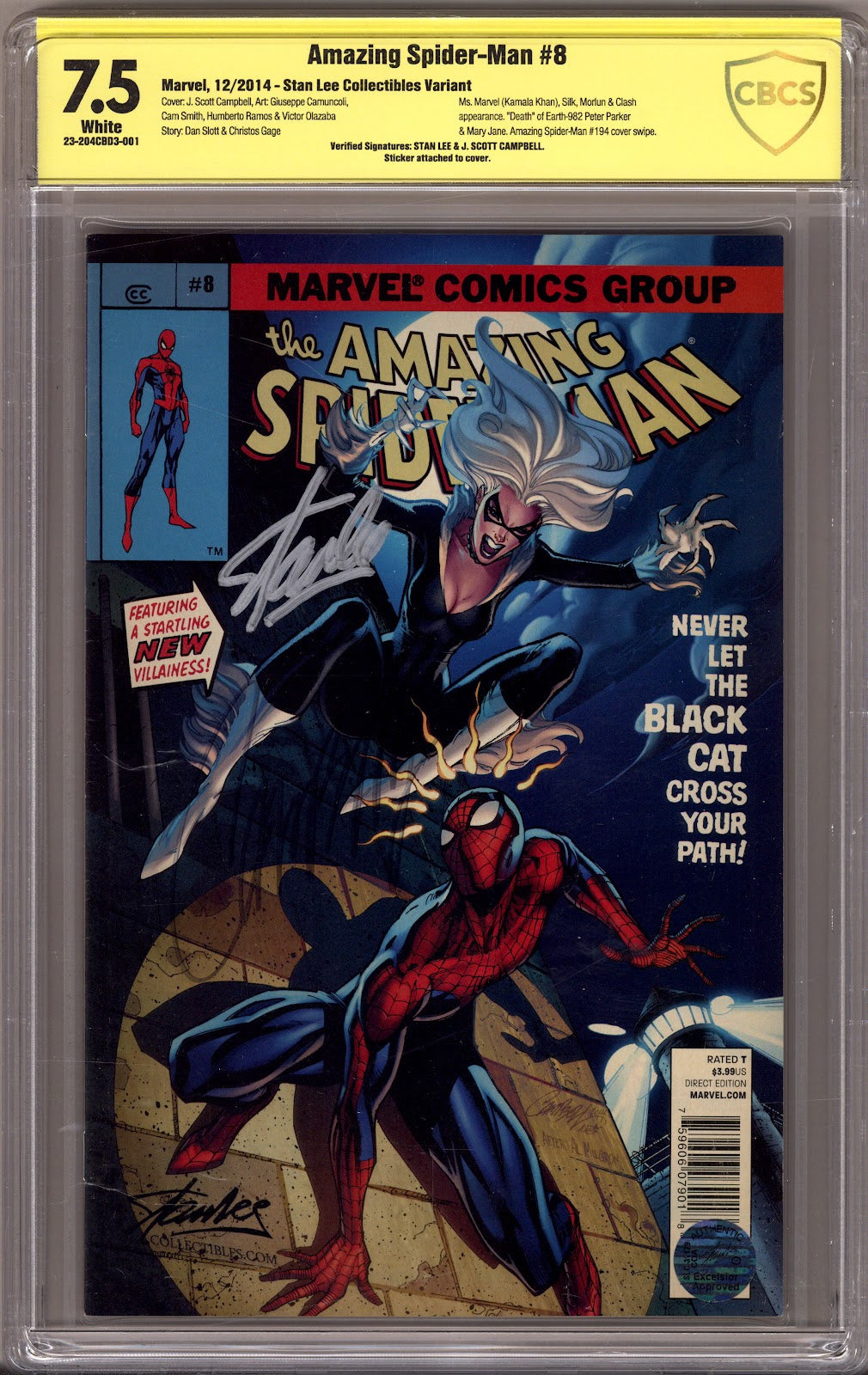 The Amazing Spider-Man Vol 3 8 CBCS 7.5 (VF-) (2014) Campbell Exclusive Variant Signed x2 Cover Stan Lee & J. Scott Campbell 