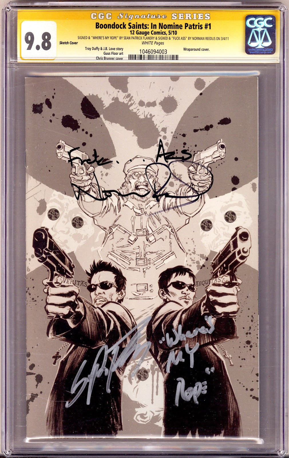 The Boondock Saints: In Nomine Patris 1 CGC 9.8 (NM/M) (2010) Brunner Sketch Virgin Variant Signed / Remarked x2 Cover Sean Patrick & Norman Reedus 