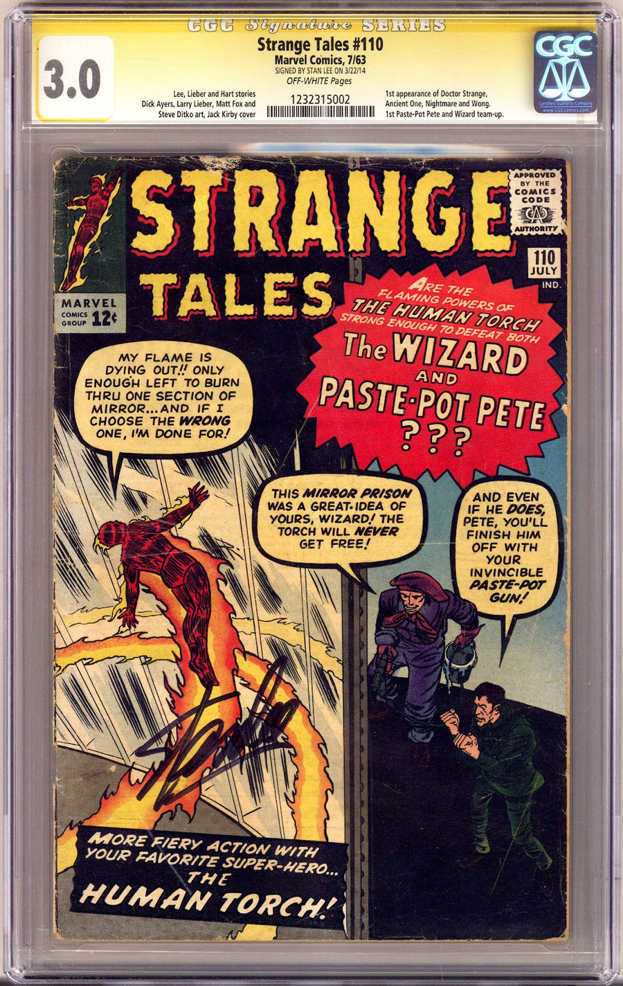 Strange Tales Vol 1 110 CGC 3.0 (GD/VG)   (1963)     Signed x1 Cover Stan Lee