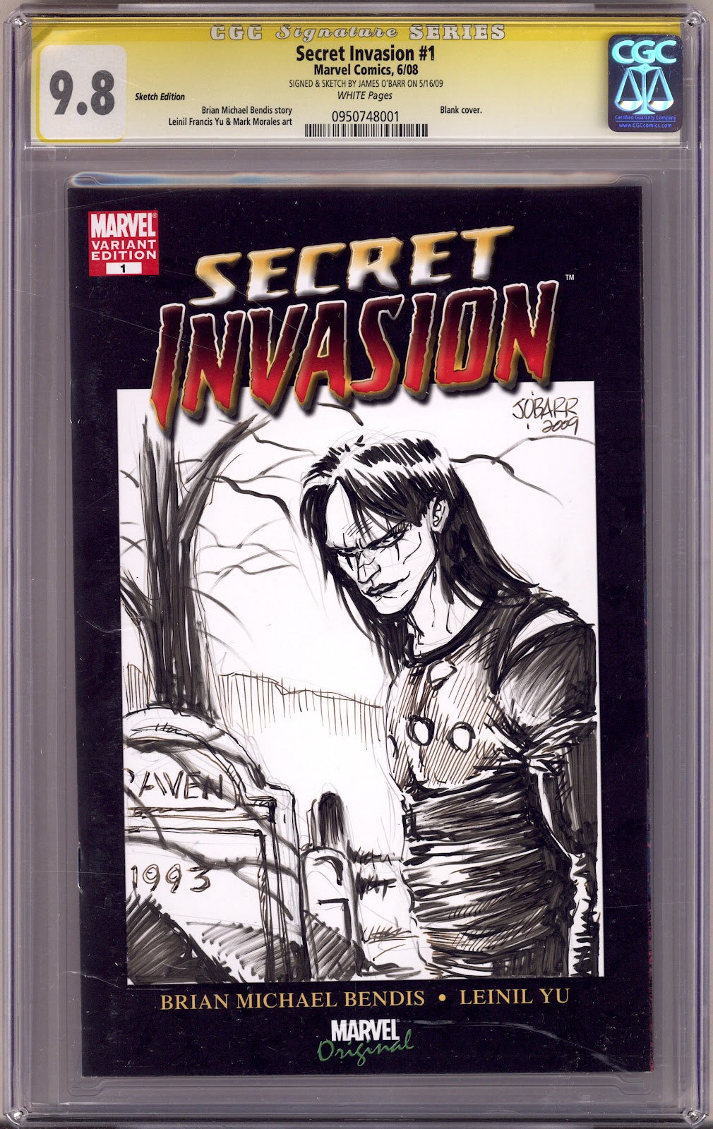 Secret Invasion Vol 1 1 CGC 9.8 (NM/M) (2008) Blank Variant Signed / Remarked x1 Cover James O'Barr 