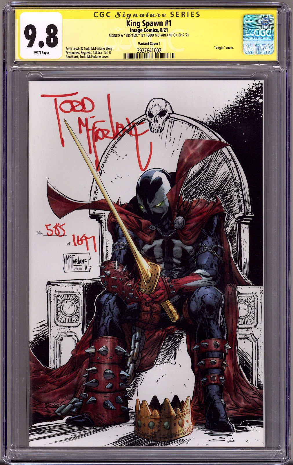 King Spawn   1 CGC 9.8 (NM/M) 585/1697  (2021) McFarlane Virgin  Incentive Variant  Signed x1 Cover Todd McFarlane