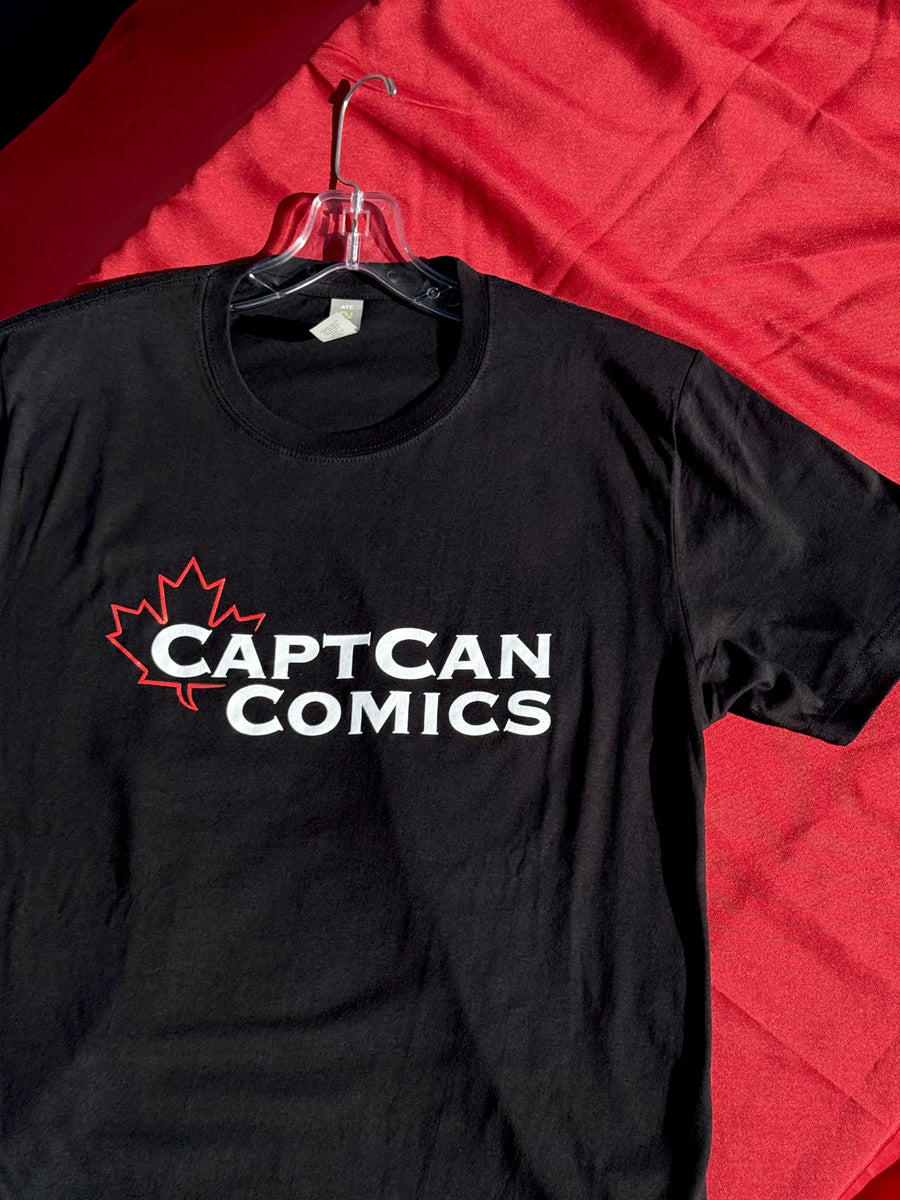 CaptCan Comics logo tee, black, front