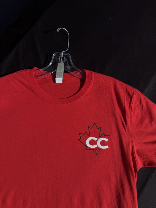 CaptCan Comics logo tee, red, front with CC maple mark