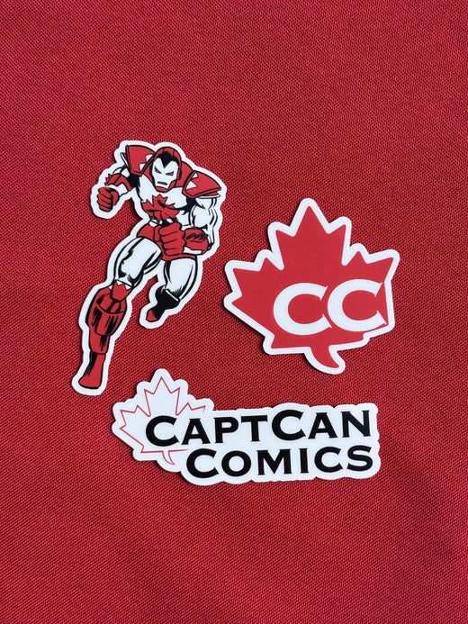 CaptCan sticker pack: Captain Canada, CC maple mark and CaptCan Comics wordmark stickers