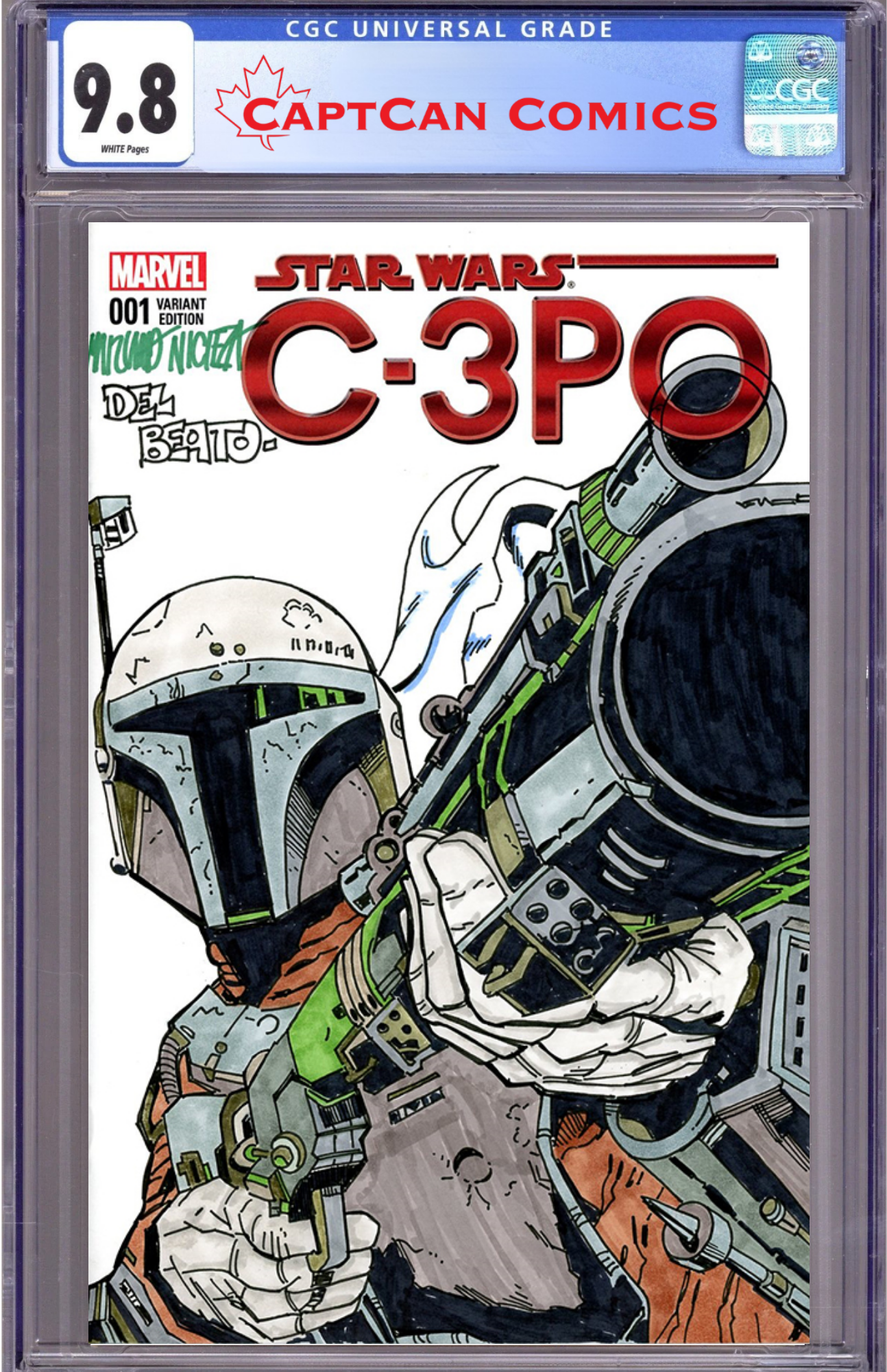 DF MARVEL COMICS STAR WARS COMMISSIONED COVER ART SIGNED AND REMARKED BY MARIANO NICIEZA AND JOE DELBEATO WITH A MANDALORIAN SKETCH