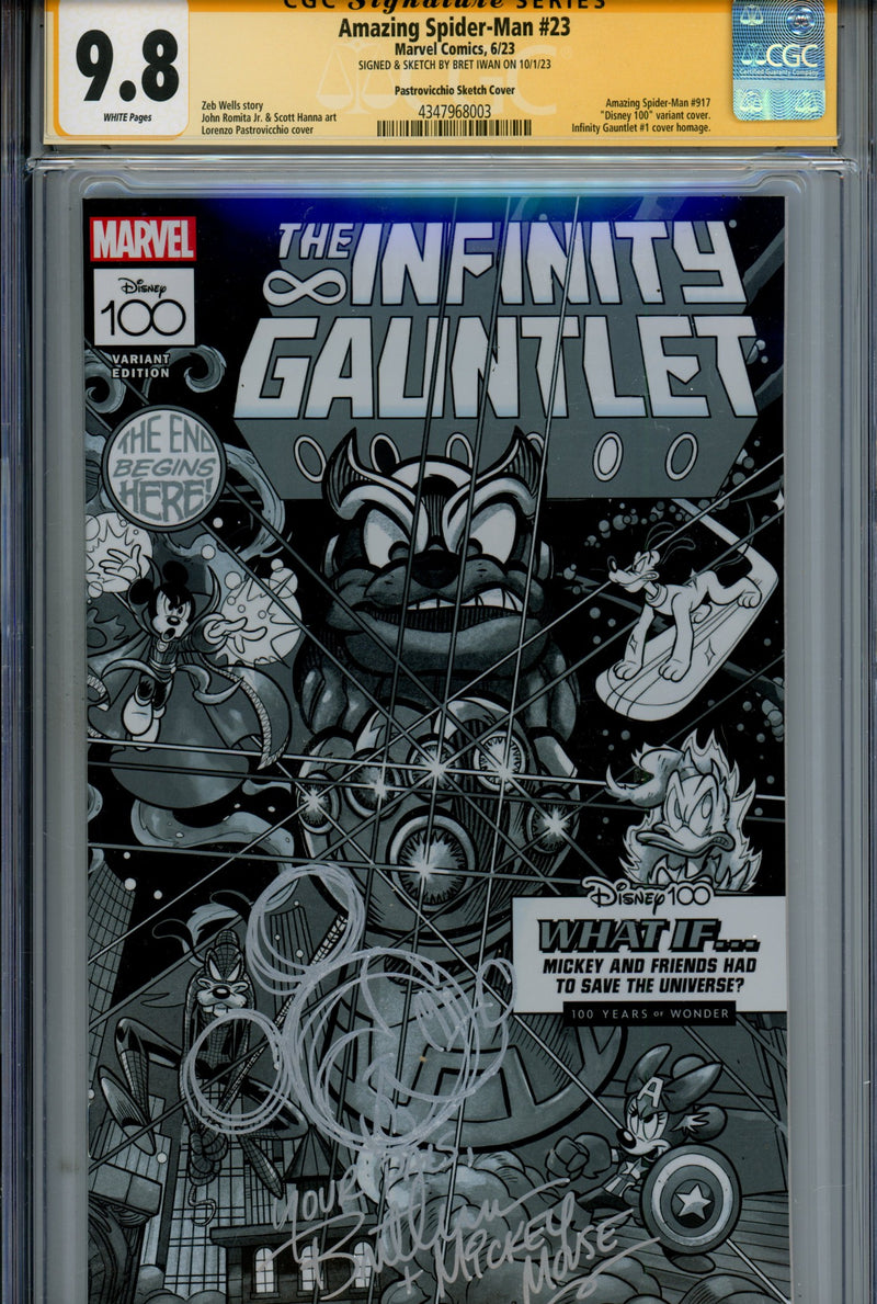 The Amazing Spider-Man Vol 6 23 (917) CGC 9.8 (NM/M) Disney 100 (2023) Pastrovicchio B&W Incentive Variant Signed / Remarked x1 Cover Bret Iwan (Mickey Mouse) 