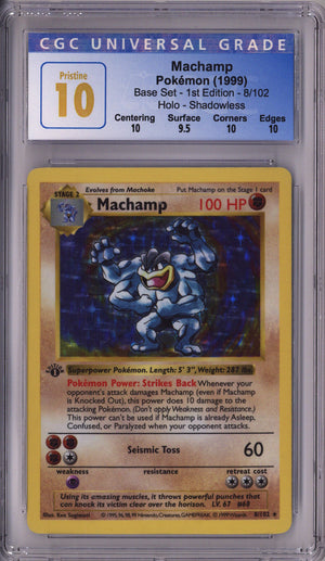 Pokemon Base Set Machamp 1St Edition Shadowless Pop 1 Of 2 CGC Pristine 10 (1999)