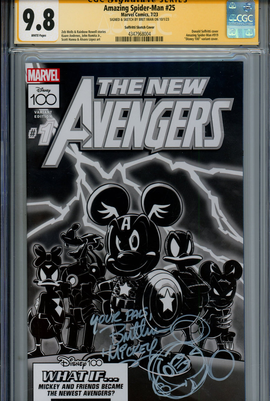 The Amazing Spider-Man Vol 6 25 (919) CGC 9.8 (NM/M) Disney 100 (2023) Soffritti B&W Incentive Variant Signed / Remarked x1 Cover Bret Iwan (Mickey Mouse) 