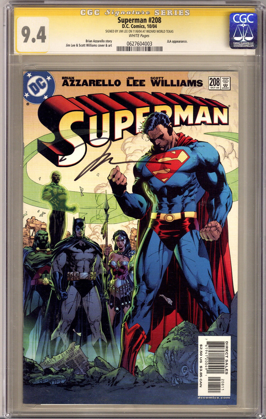 Superman Vol 2 208 CGC 9.4 (NM) (2004) Signed x1 Cover Jim Lee 