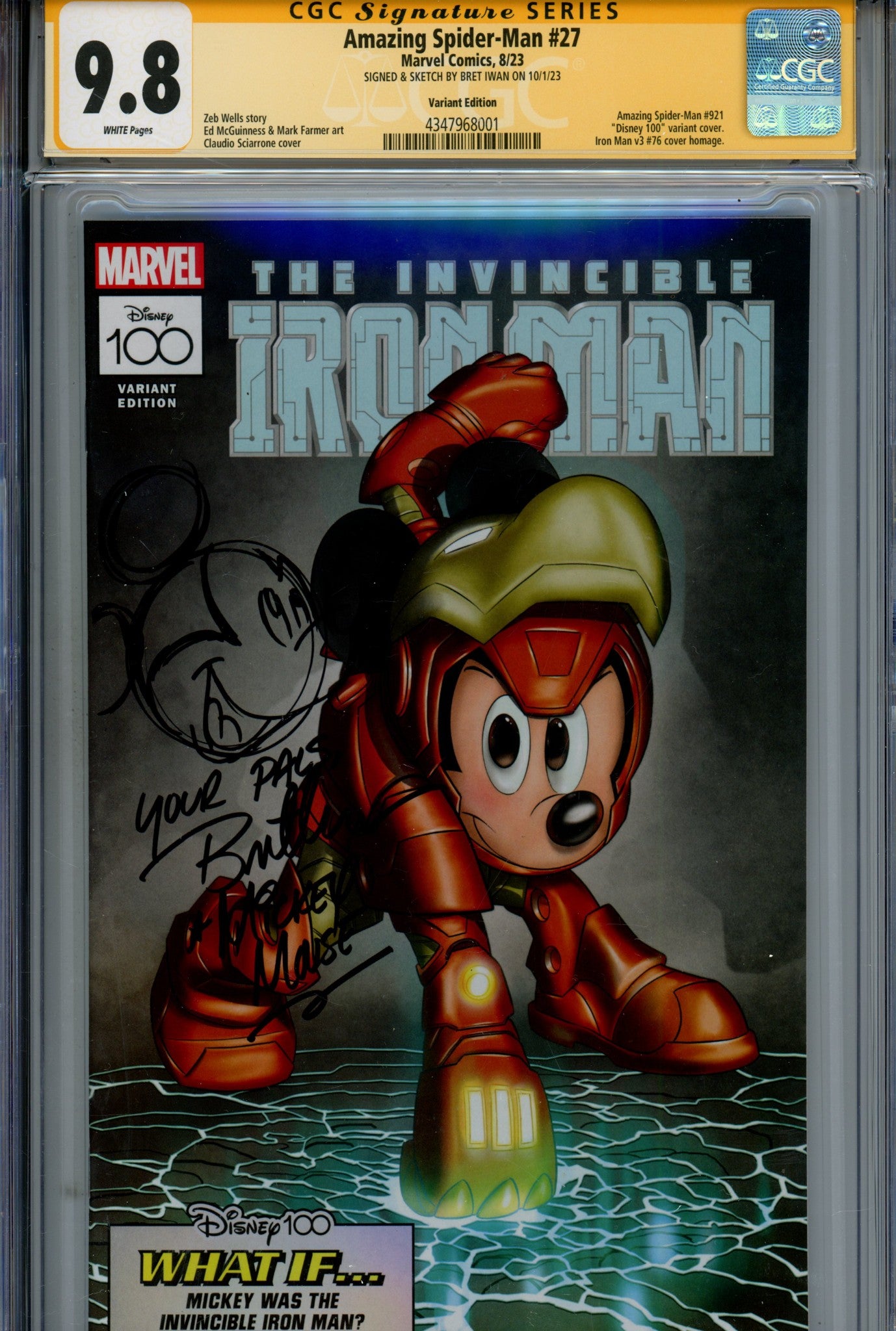 The Amazing Spider-Man Vol 6 27 (921) CGC 9.8 (NM/M) Disney 100 (2023) Sciarrone Variant Signed / Remarked x1 Cover Bret Iwan (Mickey Mouse) 
