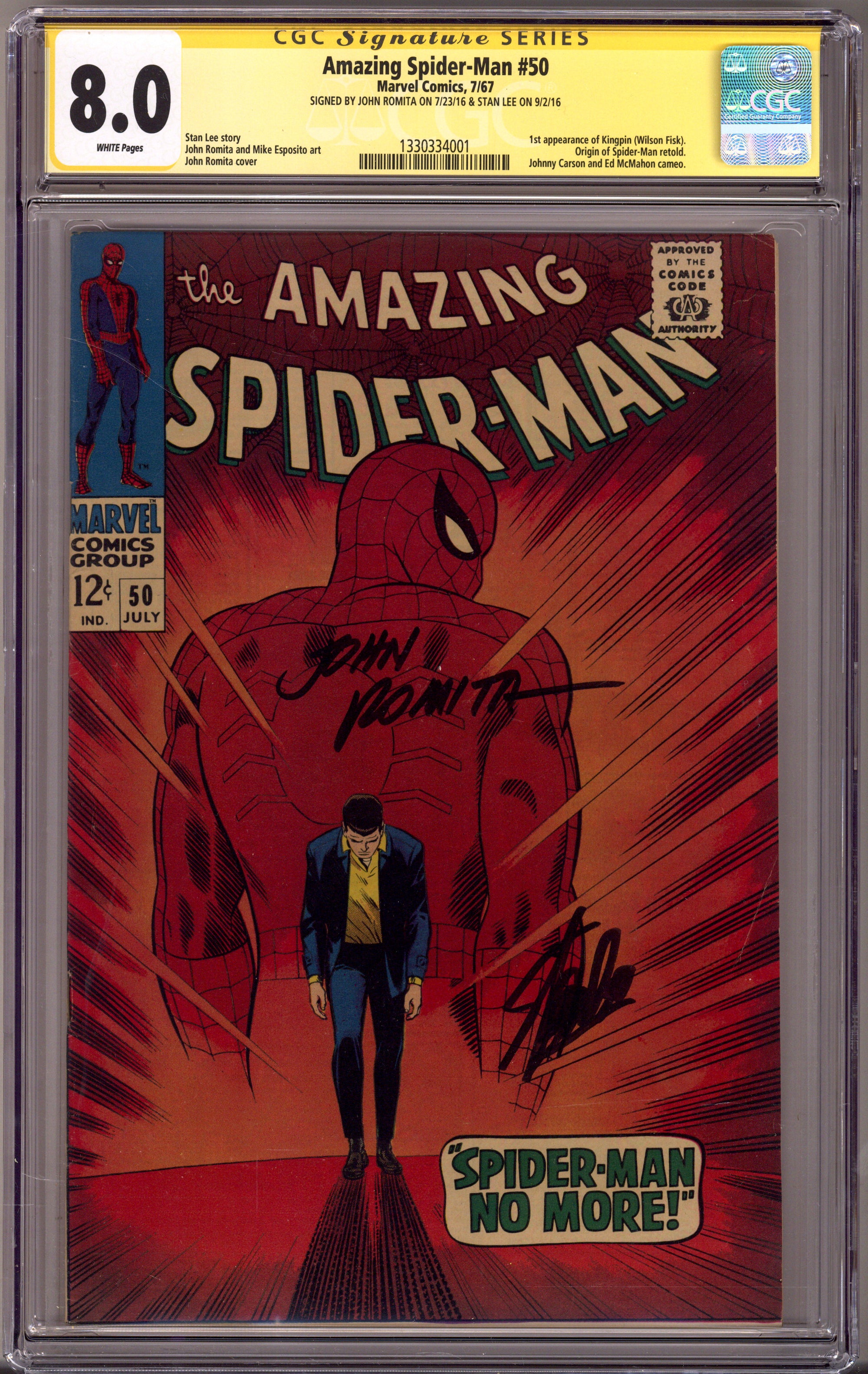 The Amazing Spider-Man Vol 1 50 CGC 8.0 (VF) (1967) Signed x2 Cover Stan Lee & John Romita Sr. 